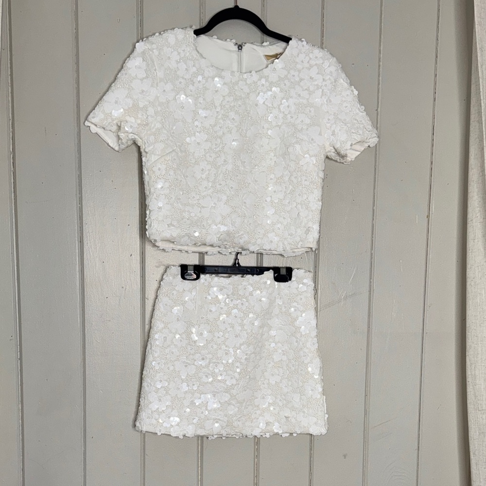 Elegant White Sequined Floral Dress Set